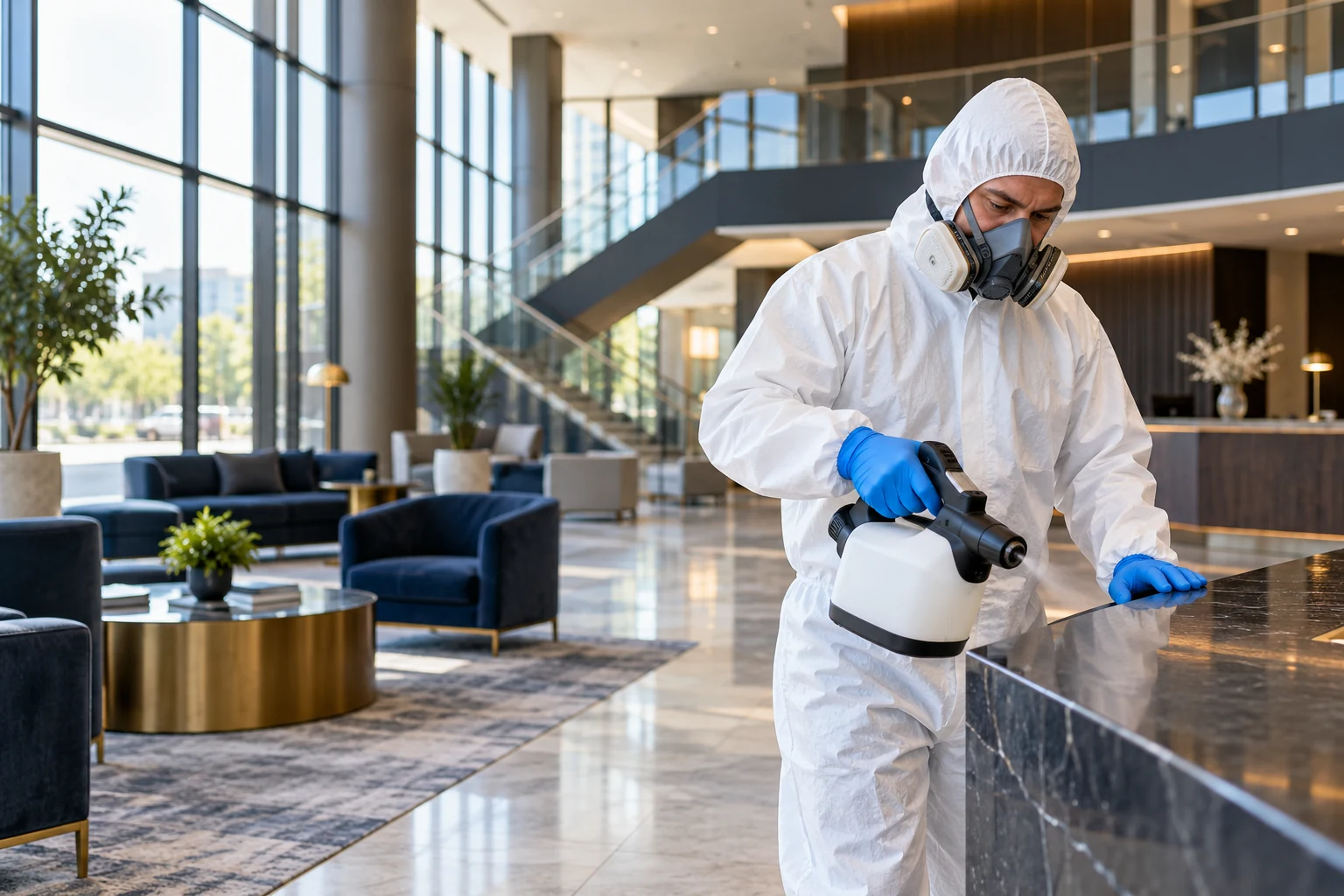 Illustrative image of a protective-equipment-clad professional treating surfaces in a modern office